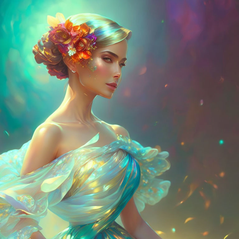 Woman adorned with colorful flowers in hair, radiant skin, blue gown, against magical backdrop