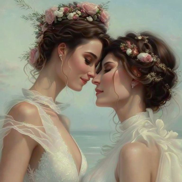 Two women in floral crowns and elegant dresses in a close, intimate moment.