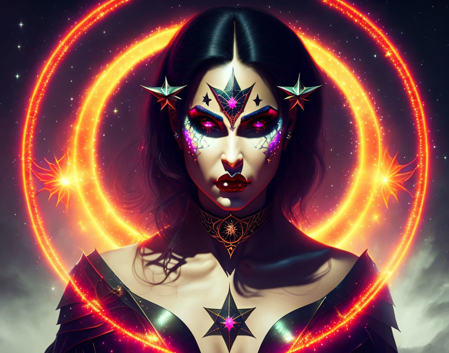 Fantasy makeup portrait of a woman with cosmic background