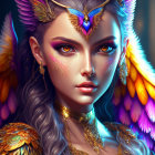 Fantastical portrait of woman with feline features and feathered wings.