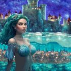 Fantasy Mermaid with Turquoise Hair in Starry Night Sky and Mystical Castle