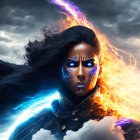 Woman with glowing blue eyes and lightning effects in jacket under dramatic sky