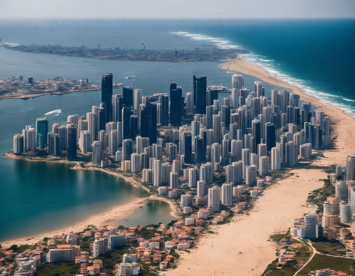 Coastal City Aerial View with High-rise Buildings and Curving Beach