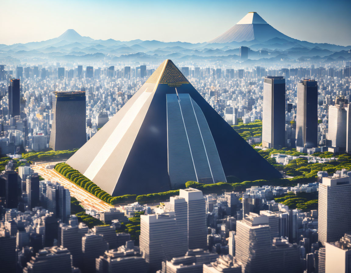 Pyramid-shaped skyscrapers in futuristic cityscape with mountain backdrop