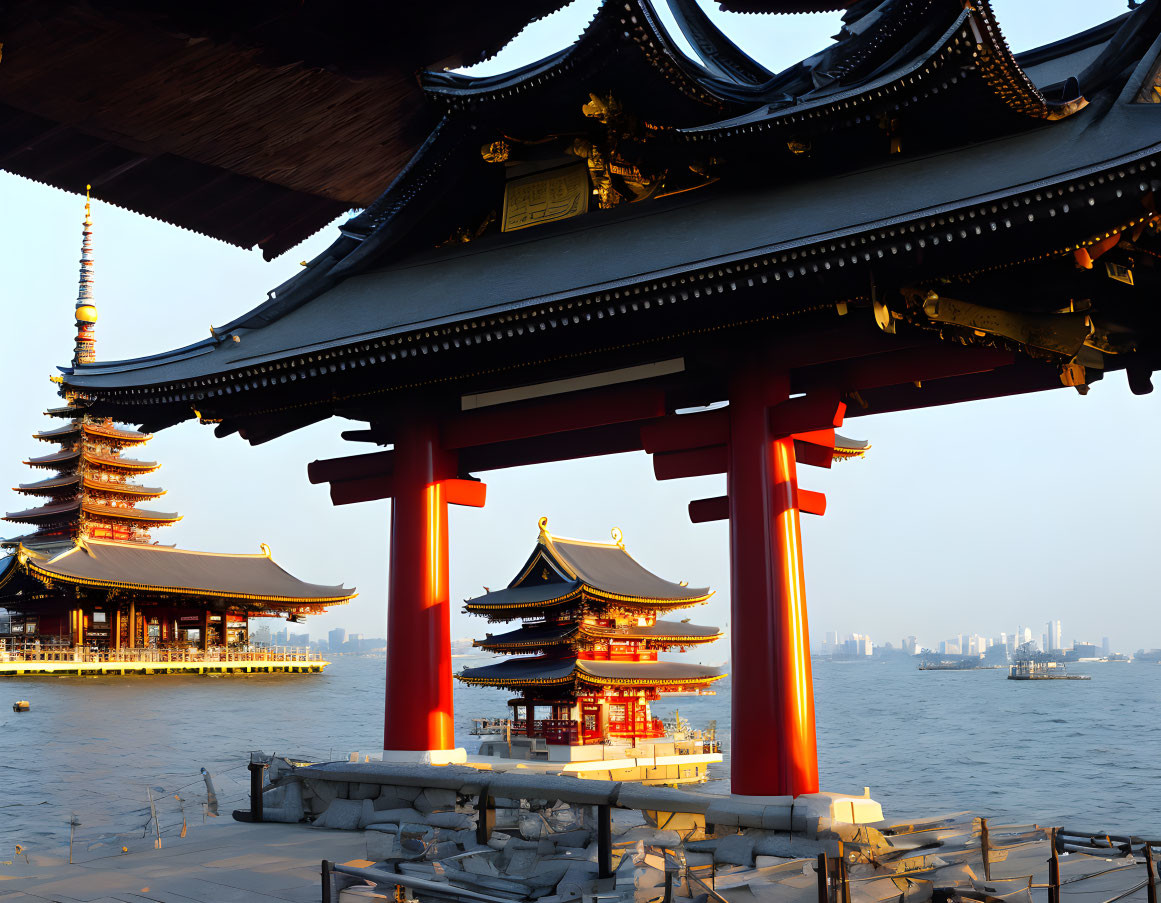 Multi-tiered pagodas and red torii gate at sunset by water with city skyline