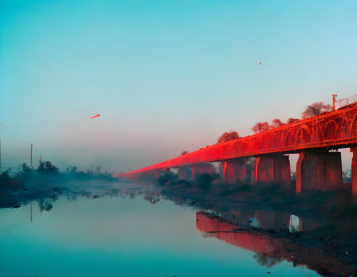 Red Bridge Over Calm River Under Misty Sky with Birds and Reflections