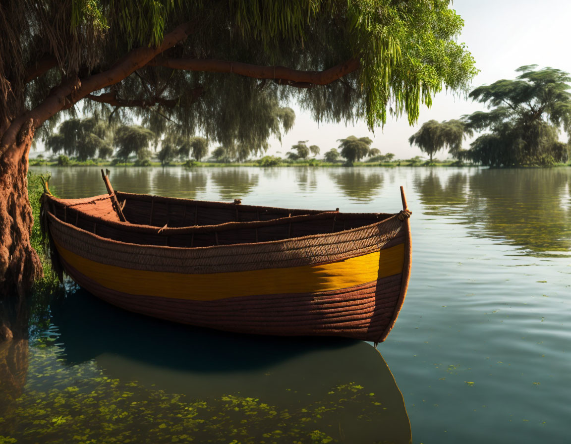 Tranquil traditional wooden boat under tree by calm waters