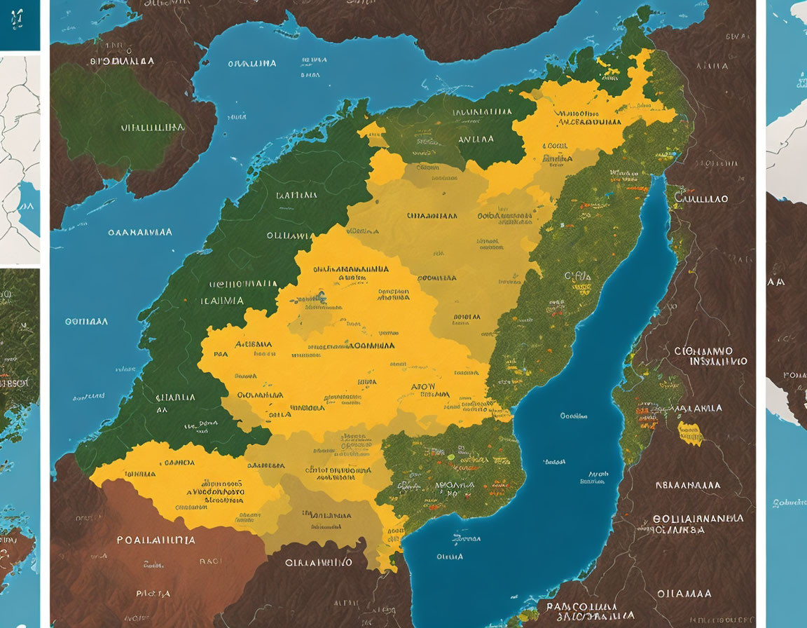 Stylized map of fictional land with green and yellow territories