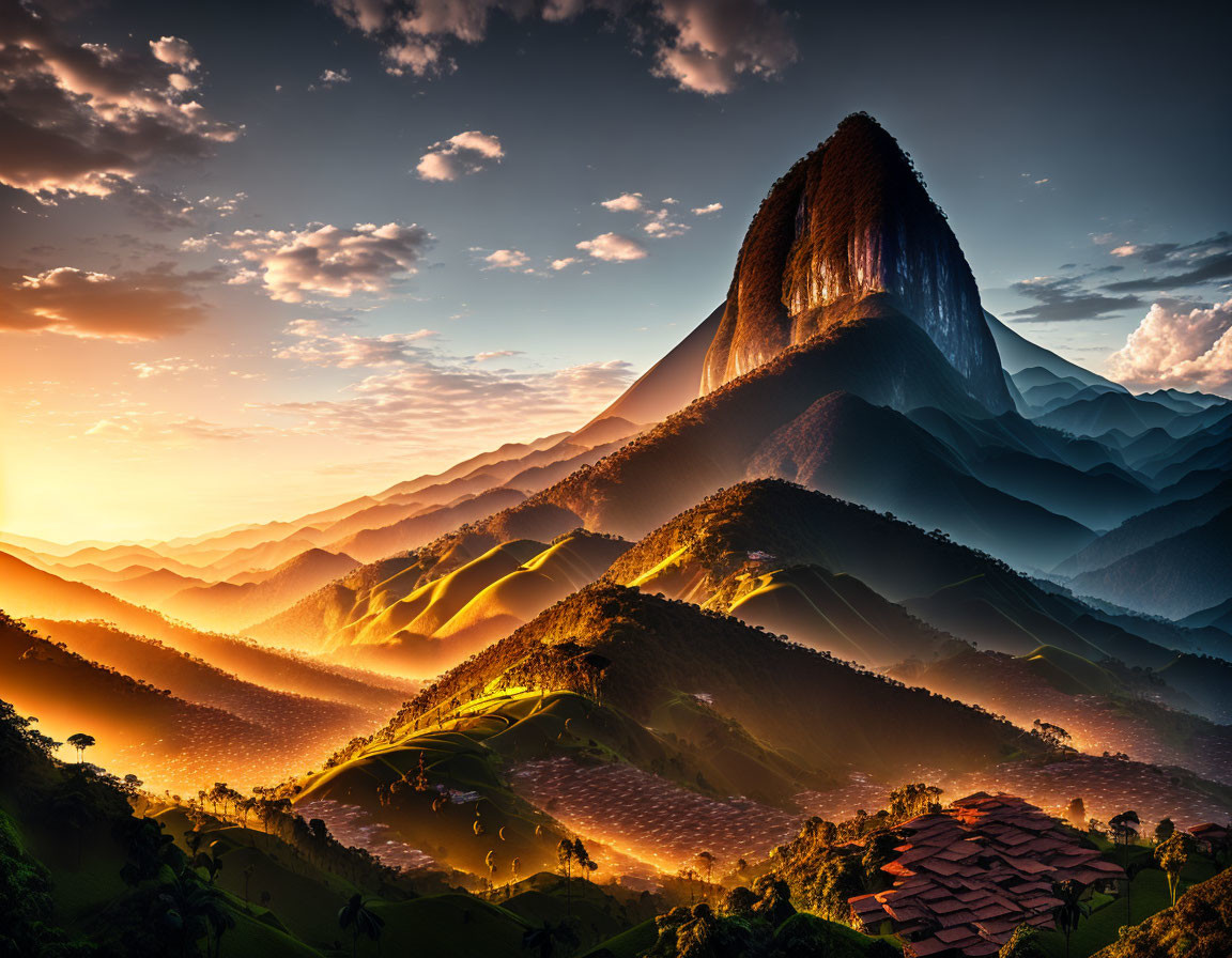 Majestic mountain overlooking village at sunrise