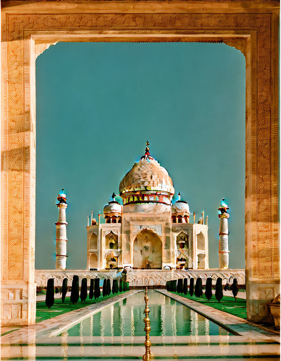 Iconic Taj Mahal reflected in pool under clear sky with people walking.