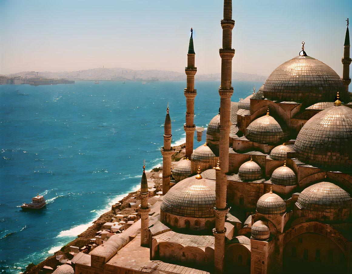 Grand Mosque with Domes and Minarets by the Seaside