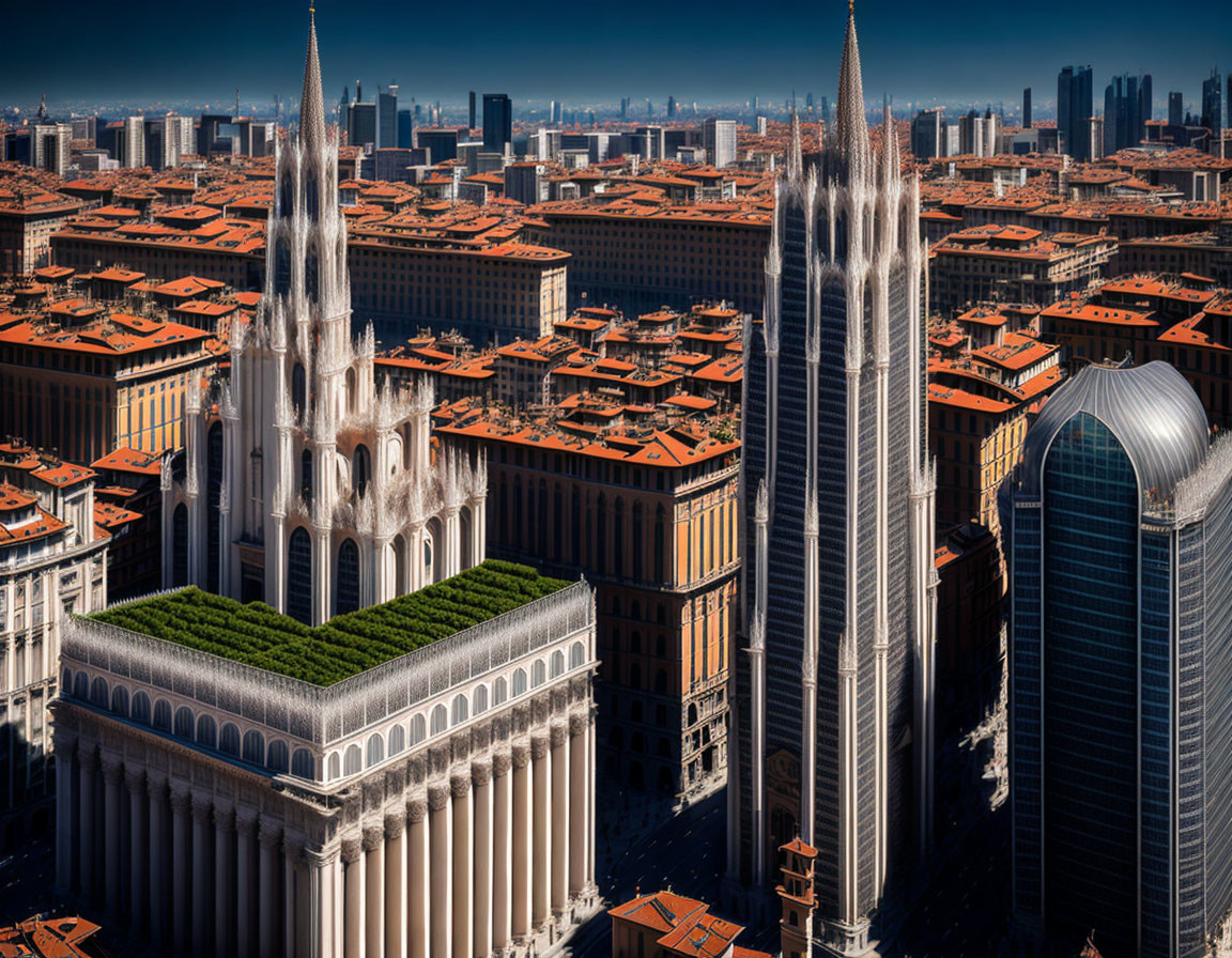 Milan cityscape with historic Duomo Cathedral and modern buildings.