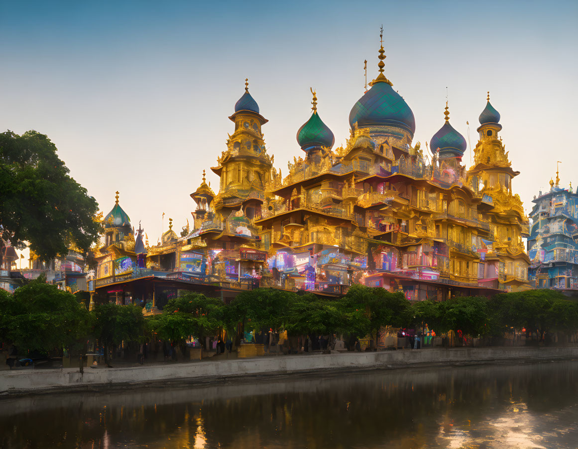 Majestic multi-tiered temple with golden domes and blue accents reflecting in water at dusk