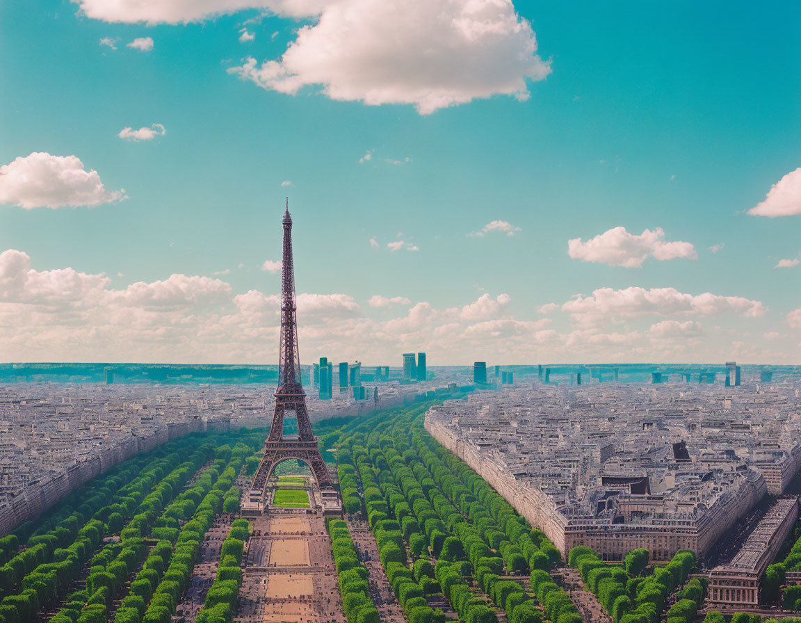 Aerial View: Eiffel Tower in Paris with Green Trees & Symmetrical Buildings