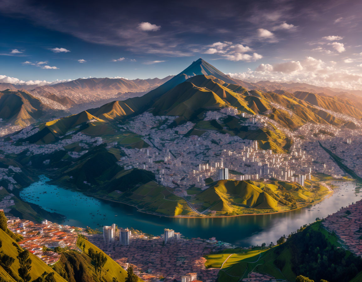 Cityscape nestled in mountainous region with prominent peak, bathed in warm sunlight