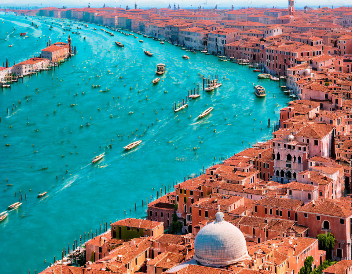 Venice Aerial View: Grand Canal Water Traffic & Historic Buildings