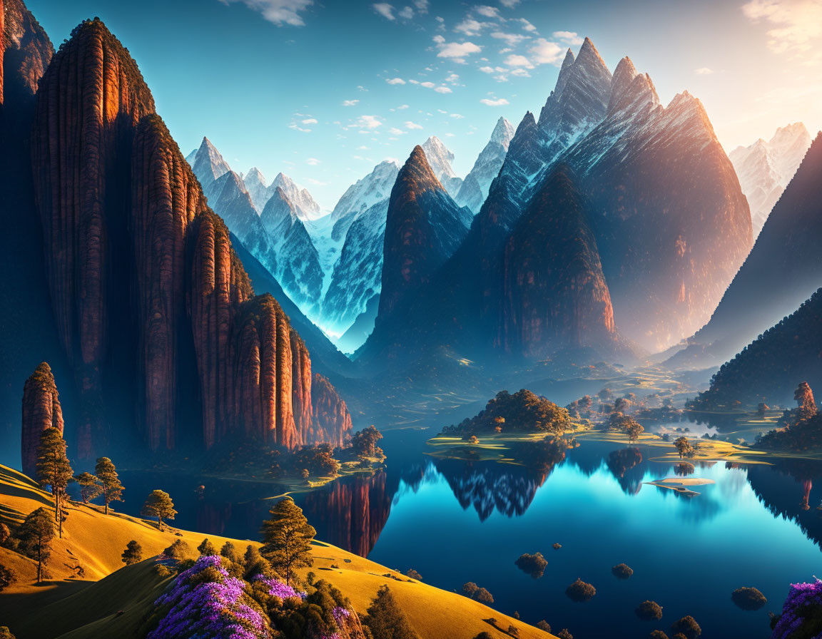 Tranquil landscape: towering cliffs, reflective lake, lush meadows, vibrant flowers.