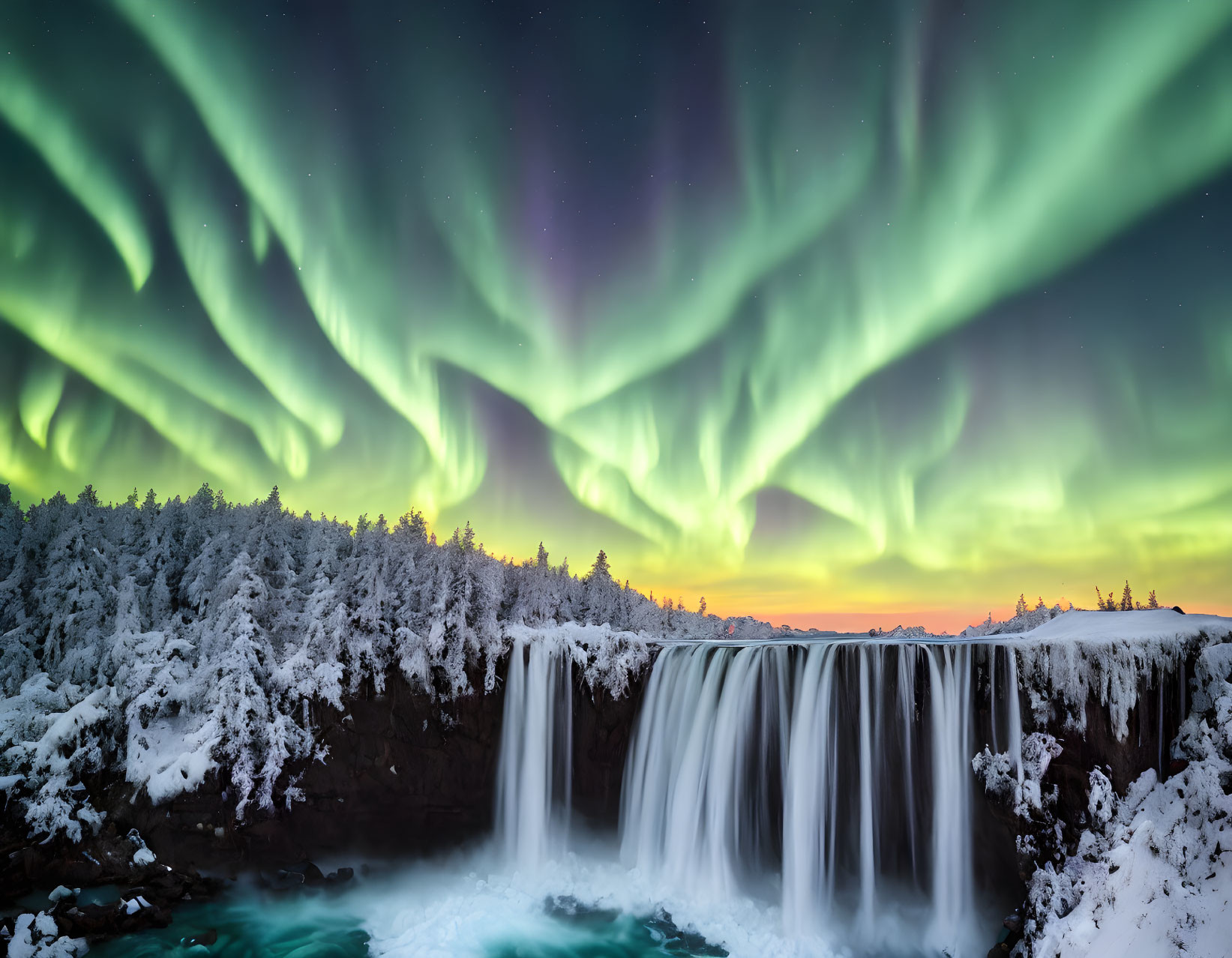 Northern Lights illuminate snowy waterfall under starry sky at dawn