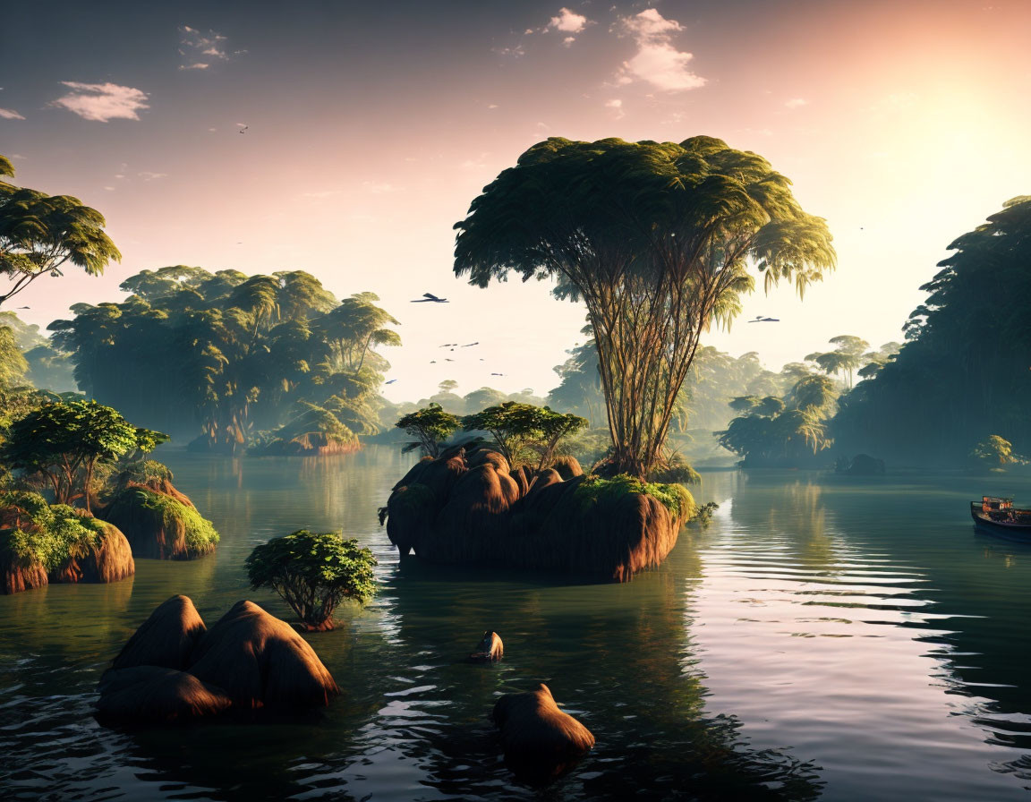 Tranquil lake with lush islands, towering trees, boat, birds at sunrise or sunset