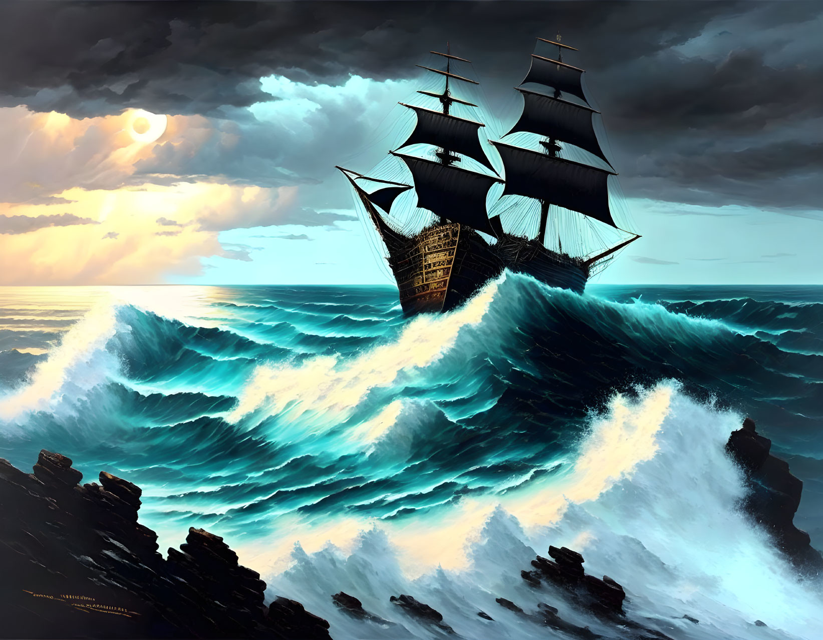 Tall ship sailing through stormy seas with unfurled sails