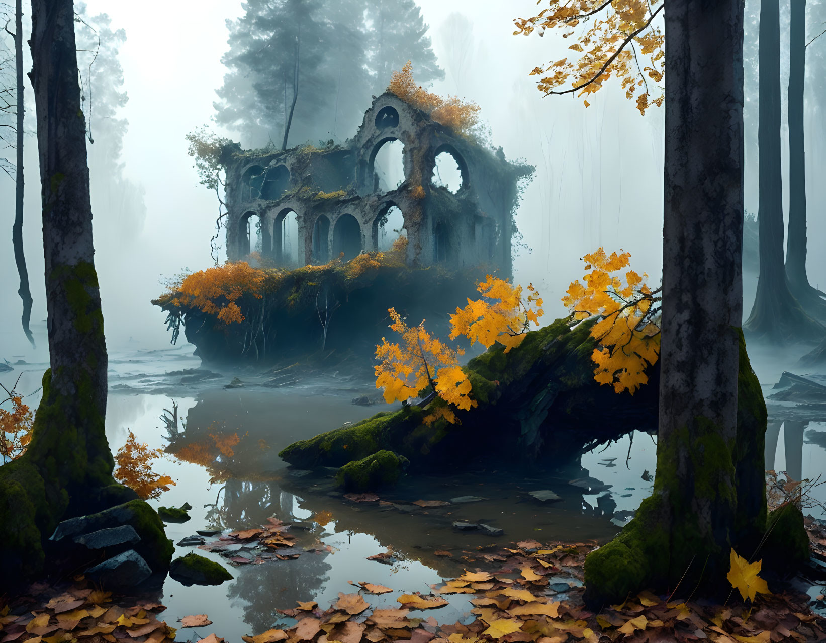 Foggy Autumn Forest with Stone Structure Reflected in Pond