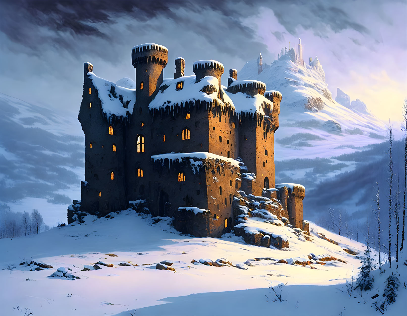 Snowy landscape: Castle with lit windows at dusk