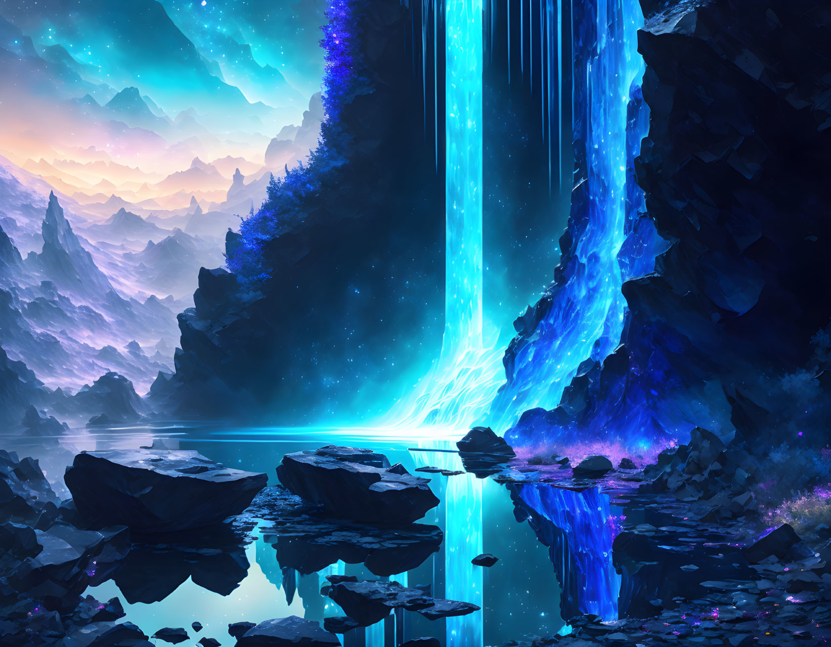 Digital artwork: Glowing blue waterfall in serene landscape