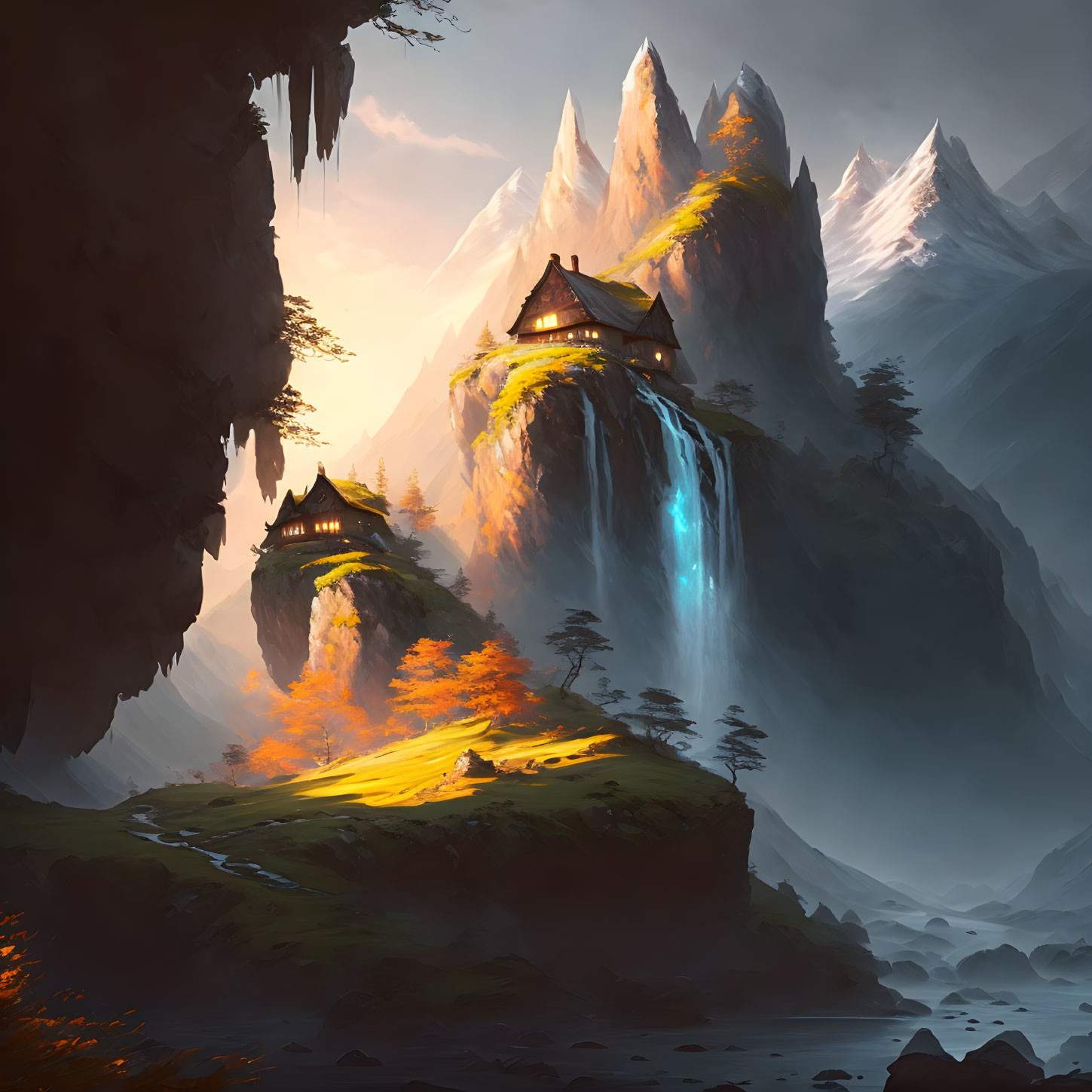 Fantasy landscape with cliff houses, waterfalls, autumn trees, warm sunset, mountains, and mist