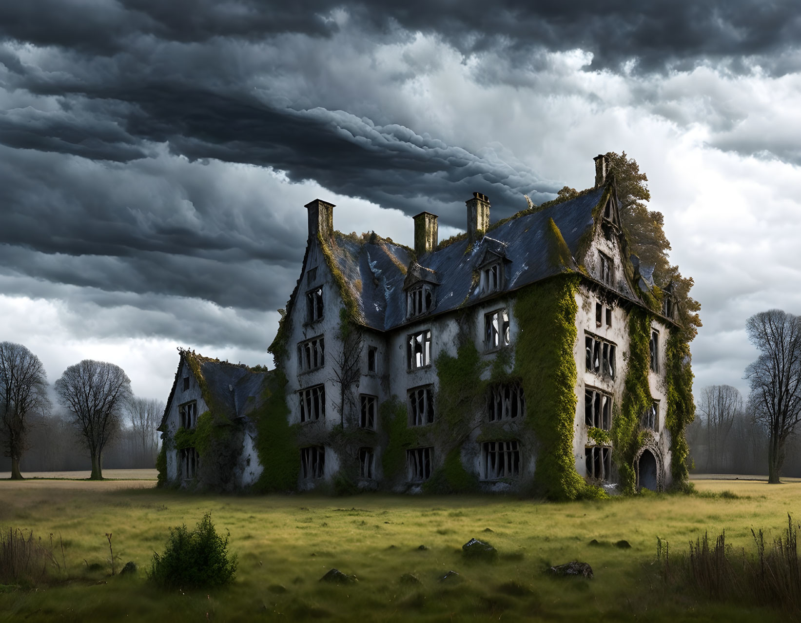 Ivy-covered mansion in desolate field under stormy sky