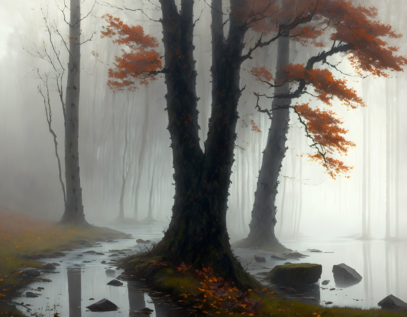 Tranquil autumn forest scene with fog, red tree, rocks, and reflective water