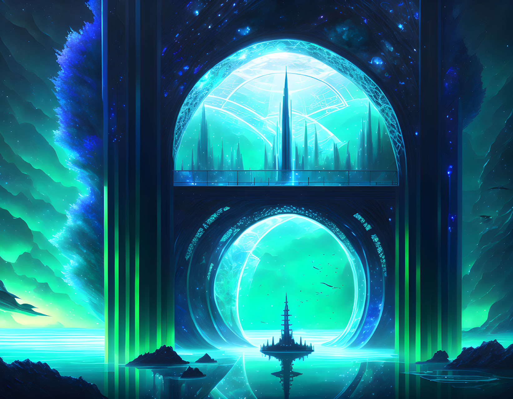 Futuristic archway over serene seascape with greenish-blue aura and starry sky