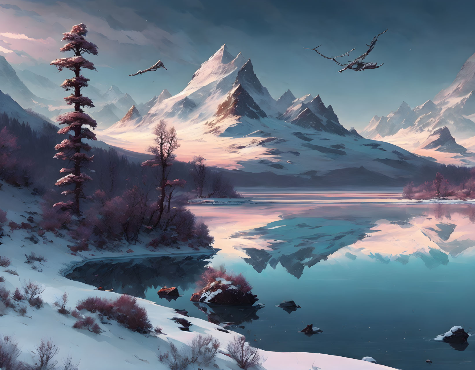 Snow-capped peaks and serene lake in tranquil landscape at dusk with tall pine and flying birds under past