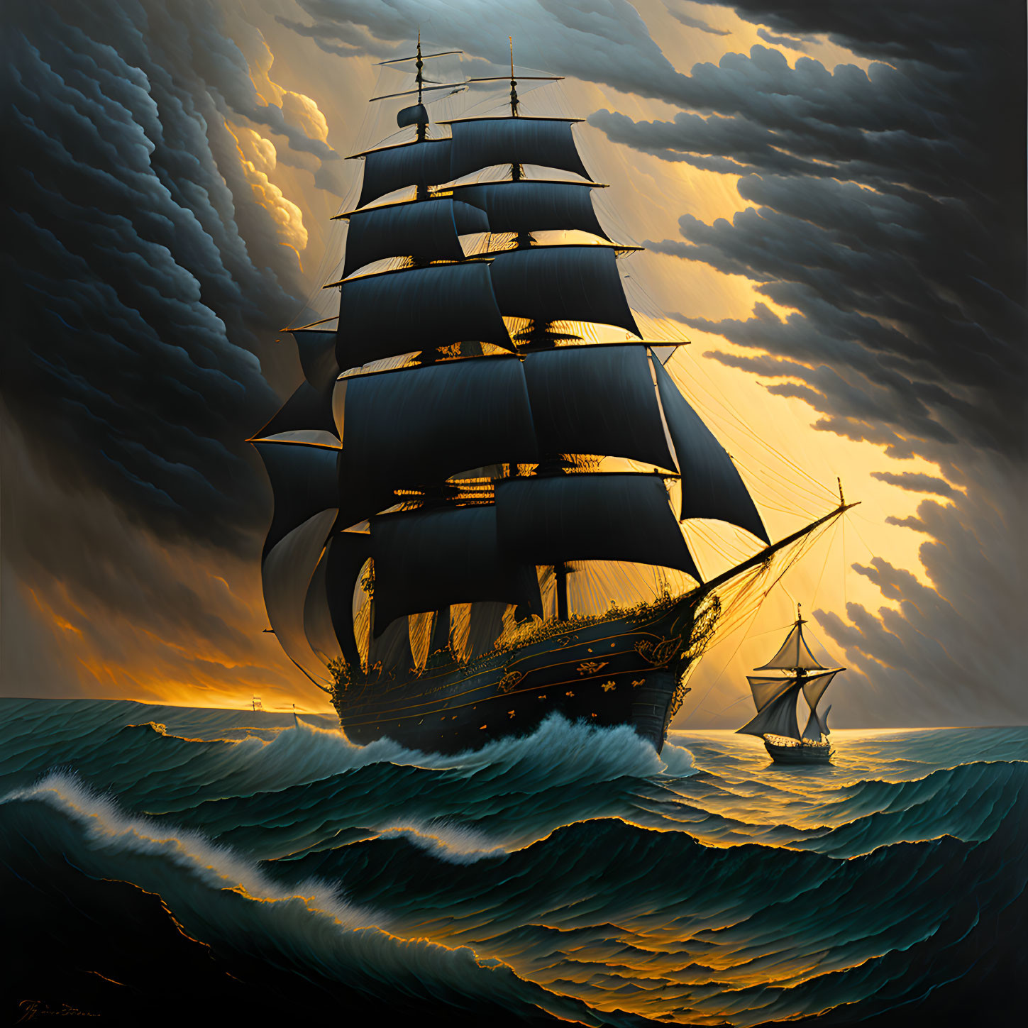 Sailing ship with billowing sails in turbulent seas at sunset