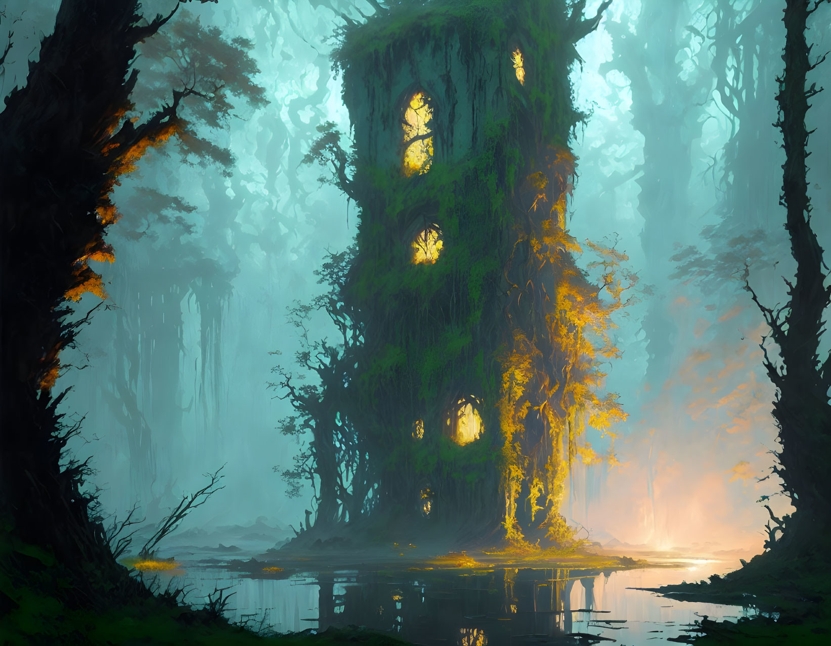 Ethereal forest scene with ancient tree and glowing windows