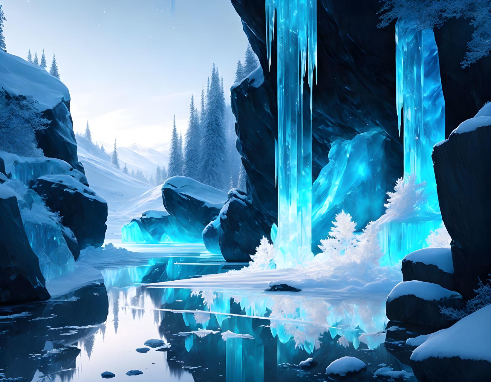 Winter landscape: frozen river, snow-covered rocks, glowing blue ice formations