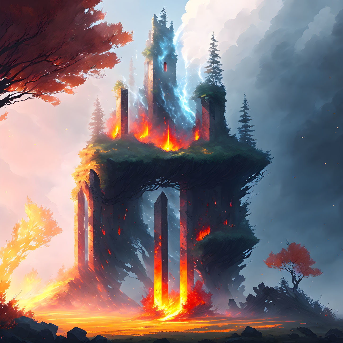 Fantasy illustration of floating island with burning castle, lava, and autumn scenery