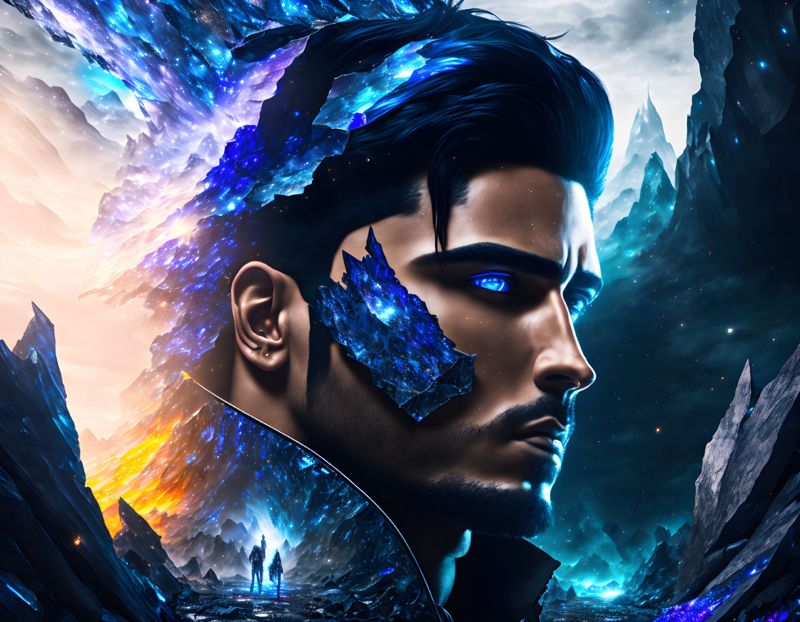 Digital artwork: Crystal-skinned man with blue eyes in mountain landscape