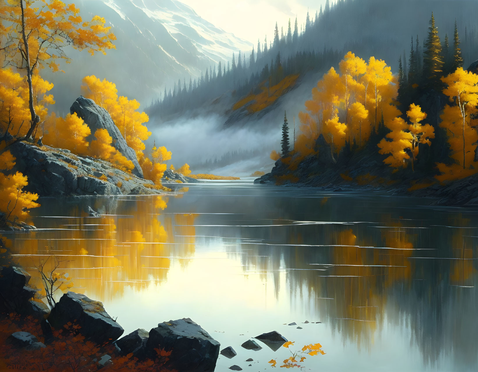 Golden-yellow trees reflected in still lake amid fog-shrouded mountains