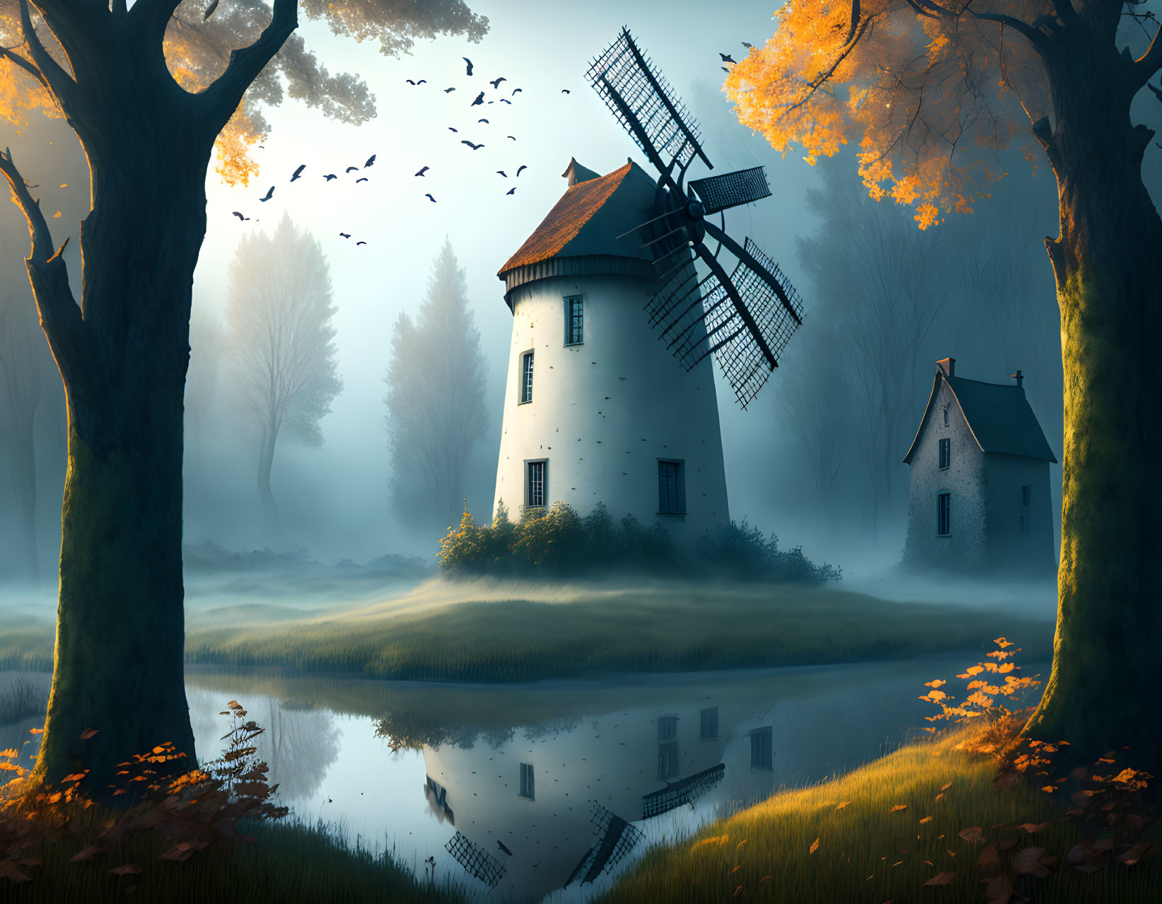 Tranquil autumn landscape with windmill, house, and foggy pond