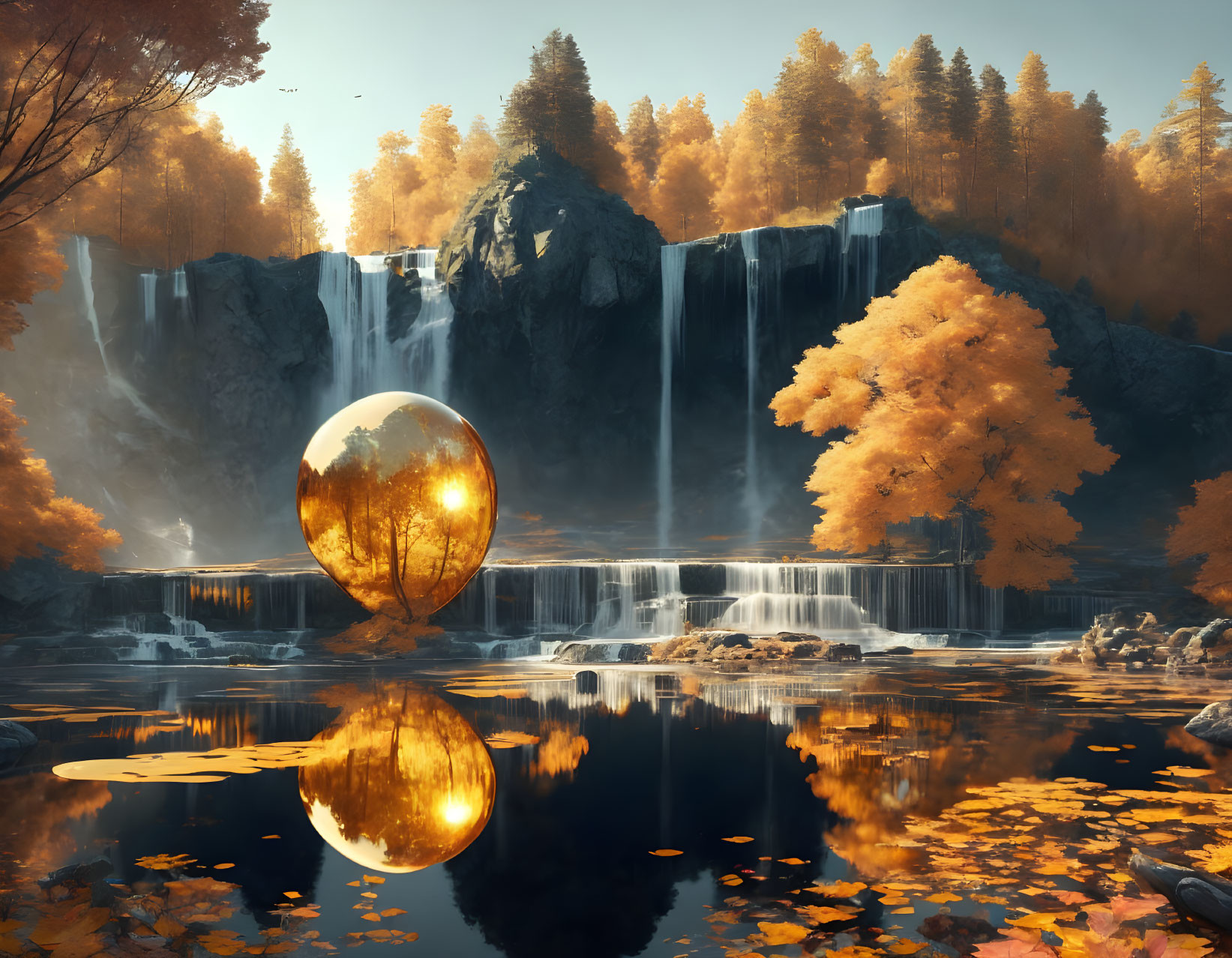 Tranquil autumn waterfall scene with golden egg structure amid colorful foliage