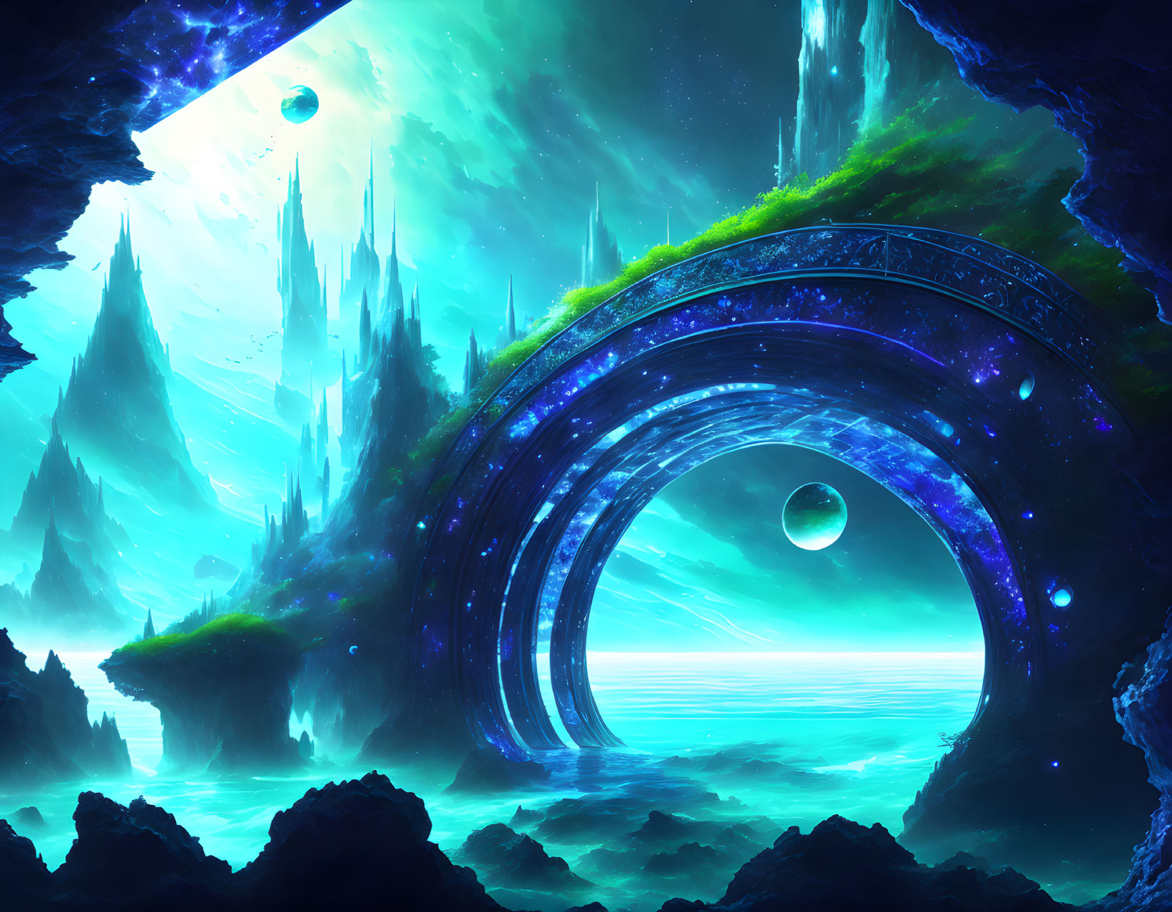 Fantastical landscape with glowing blue portal, neon-lit cliffs, waterfalls, celestial sky,