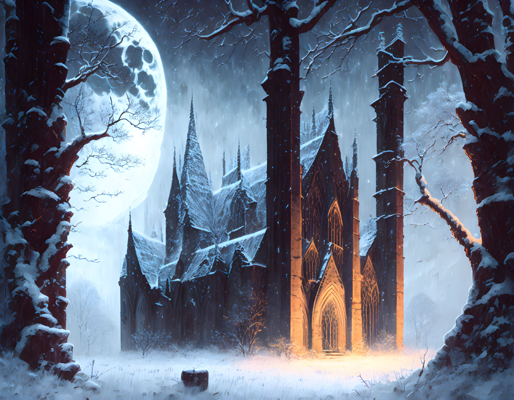 Gothic cathedral in snow-covered trees under full moon