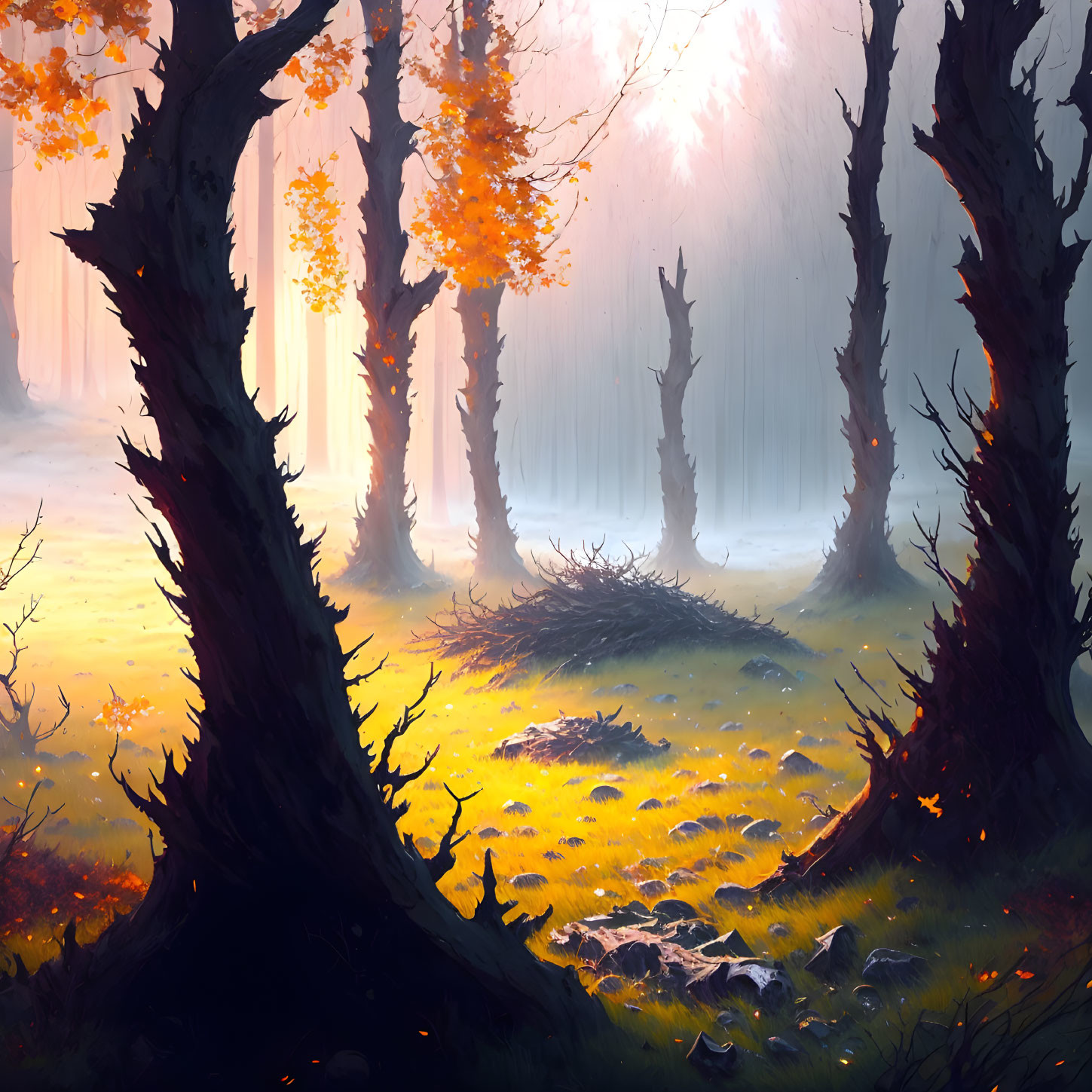 Mystical Autumn Forest with Golden Light and Vibrant Leaves