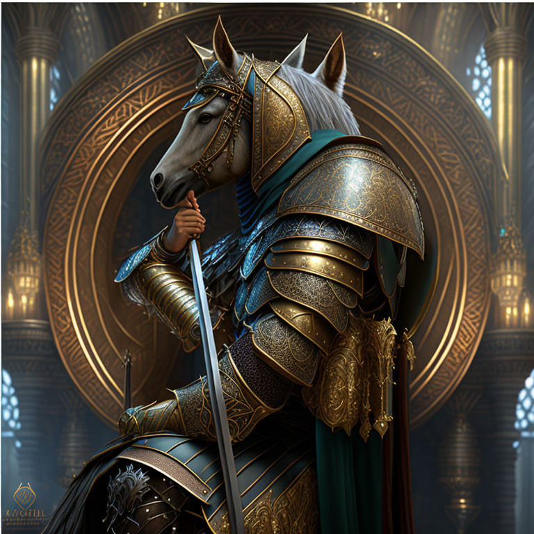 Majestic horse in detailed armor with gold patterns and regal headdress in ornate hall