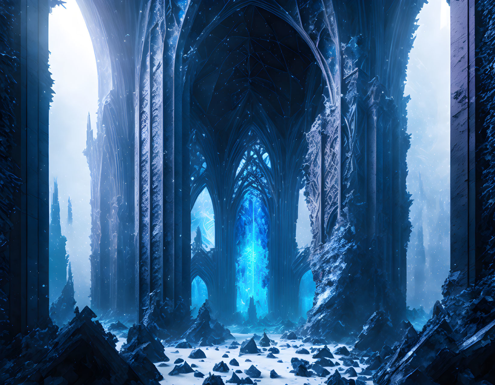 Ethereal blue glow in abandoned cathedral with gothic architecture