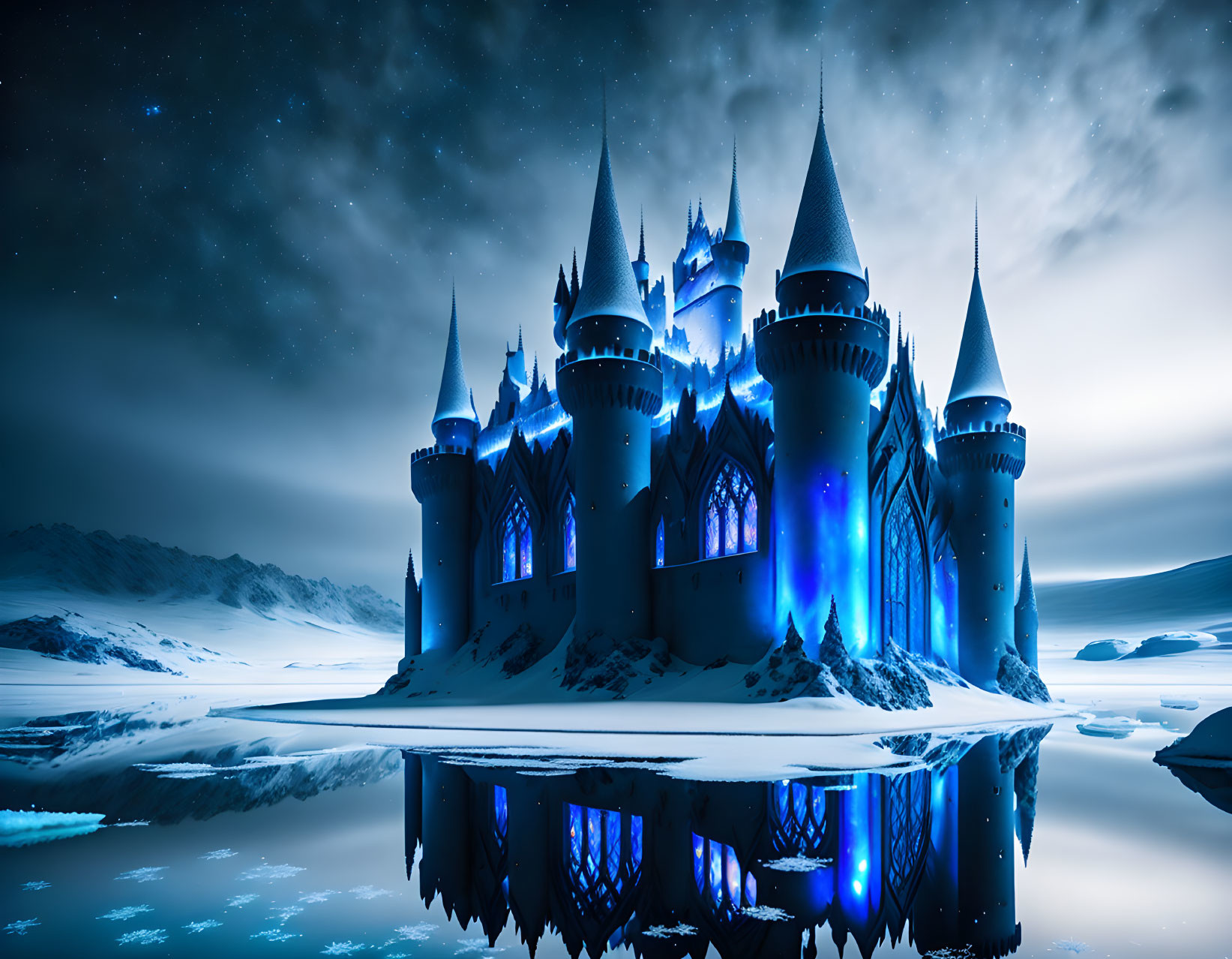 Blue-lit castle with spires and turrets reflected on icy surface