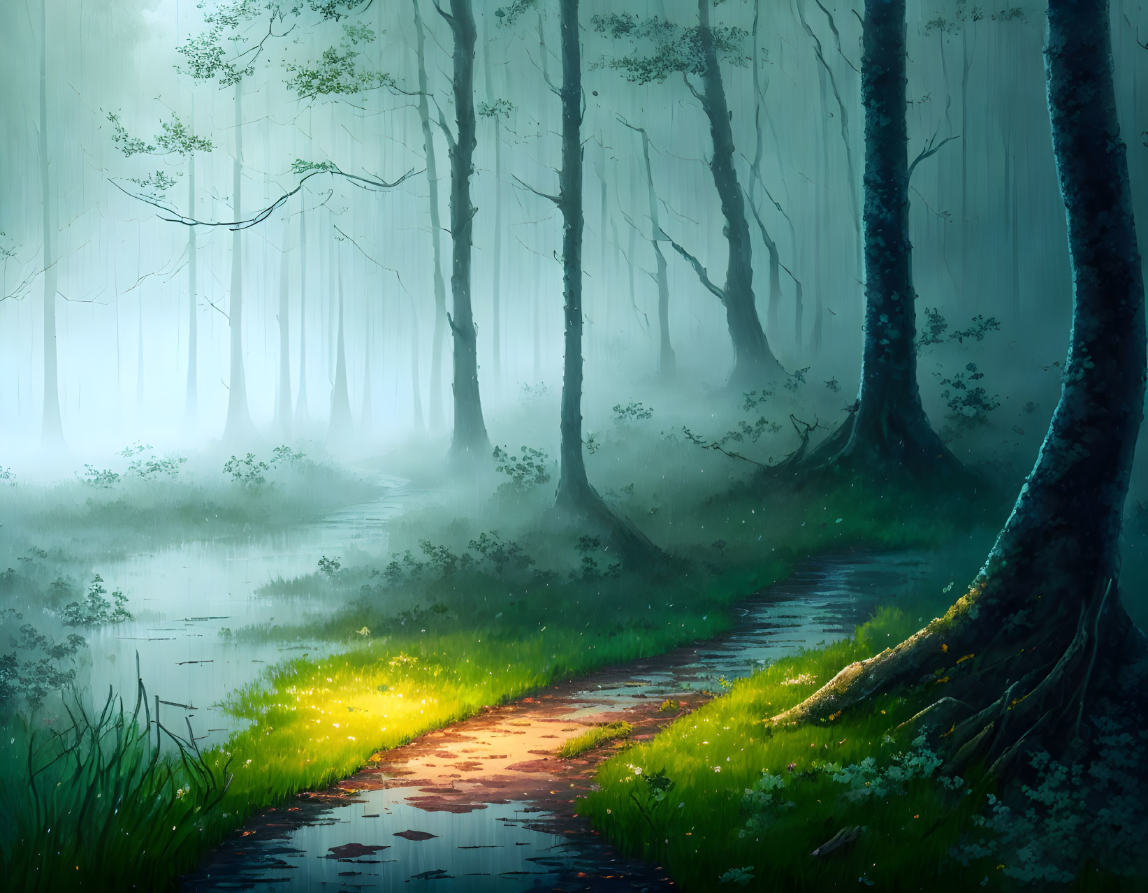 Tranquil forest scene with sunlight, mist, winding path, creek, and towering trees