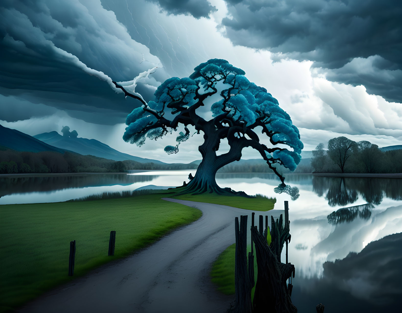 Surreal landscape with bonsai tree, stormy sky, lake reflection, and path