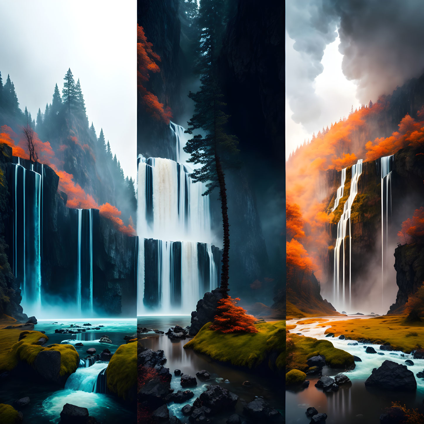 Majestic Waterfall Triptych with Autumn Foliage and Ethereal Lighting