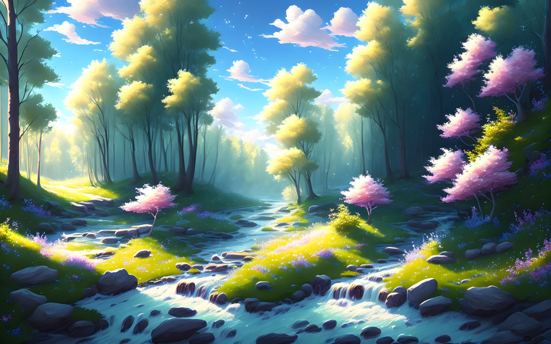 Enchanting forest scene with babbling brook and pink blooming trees